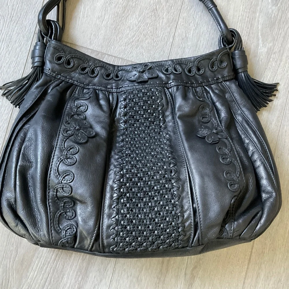 LOCKHEART Rare Black Leather Bag Floral Details
